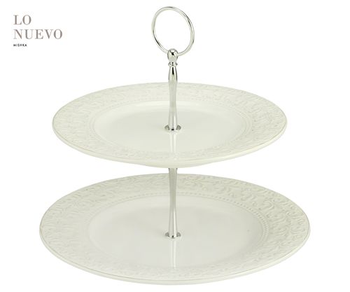 Plato P/Masas 2 Pisos Ceramica C/ Borde Tramado Flor De Lis 25Cm