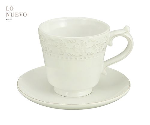 Taza De Te C/ Plato Ceramica Borde Tramado Flor De Lis