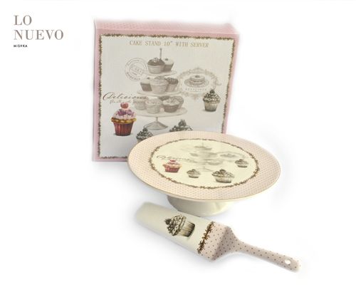 Set Plato Para Torta C/Pie Y Pala Porcelana Delicious Cake Borde Puntitos 25,50X25,50X8,50Cm