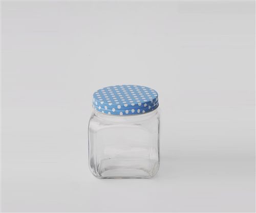 Frasco Vidrio Cuad Tapa Celeste C/ Puntos Bcos 10.5X11.5Cm