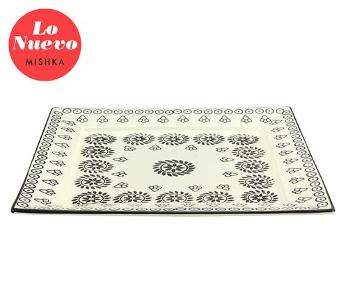 Plato Cuadrado Porcelana Trama Flores Negras 26.5*26.5*3Cm