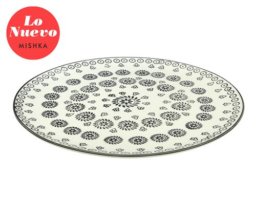 Plato Redondo Porcelana Trama Flores Negras 30*30*2Cm