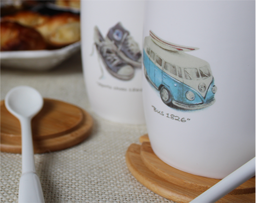 Mug De Porcelana Bajo Tapa Bamboo Cuchara Porcelana Caja Individual