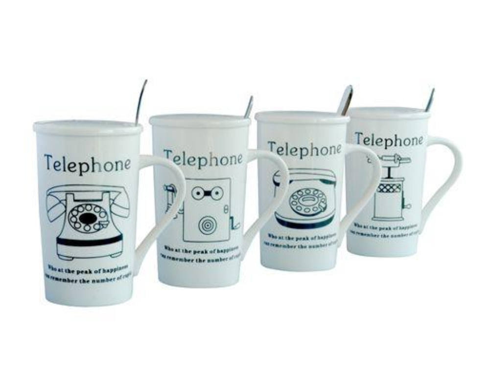 Mug De Porcelana C/ Tapa Y Cuchara Acero Telefono Caja Ind 8,5X14H Cm