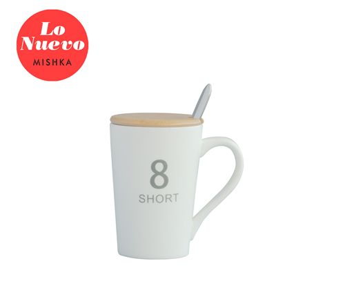 Mug De Porcelana Short 8 Tapa Bamboo Y Cuchara Acero Caja Ind 7X10,5H Cm