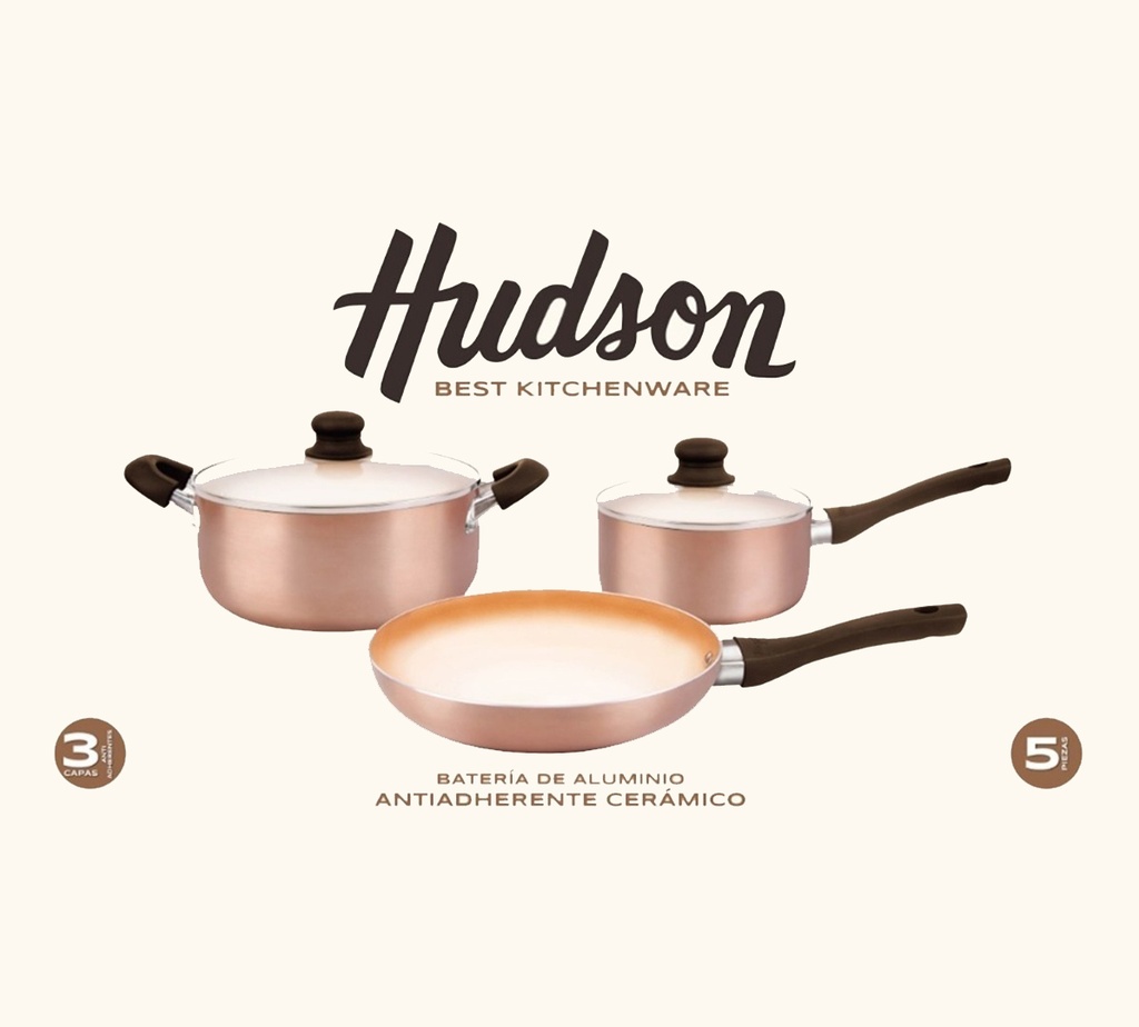 Bateria De Aluminio Hudson- Set Ollas/Cacerolas Y Sarten C/Antiadherente Cerámico Por 5 Piezas