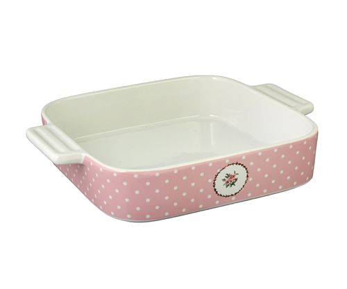 [7798257503322] Fuente Ceramica P/ Horno Cuadrada Rosa C/ Puntos Blancos Y Flores 28,5X23,3X5,3 Cm