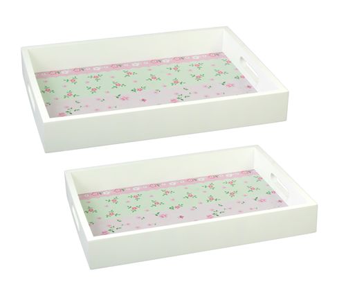 [7798257504152] Set X 2 Bandejas Rectangulares De Madera Lisa 38X28X4/ 33X23X4.5 Cm Flores Verde Y Rosa -1-